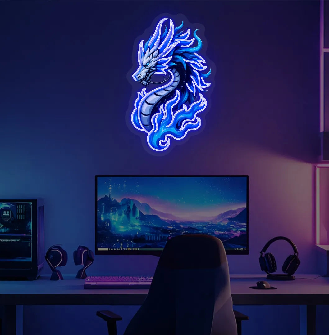 Mythical Dragon blue neon sign mounted on modern bedroom wall in blue color.