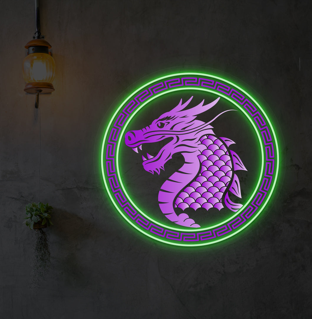 Fantasy dragon neon artwork glowing green on wall.