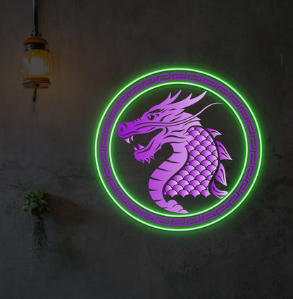 Fantasy dragon neon artwork glowing green on wall.
