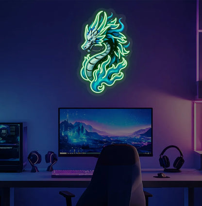 Image of a bright green Dragon neon sign for fantasy room decoration.