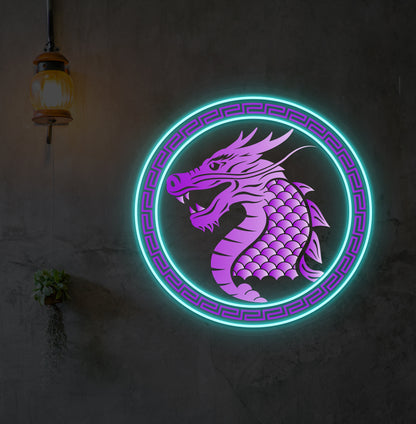 A dragon neon sign in UV printing with a ice blue LED mounted on an aesthetic wall.