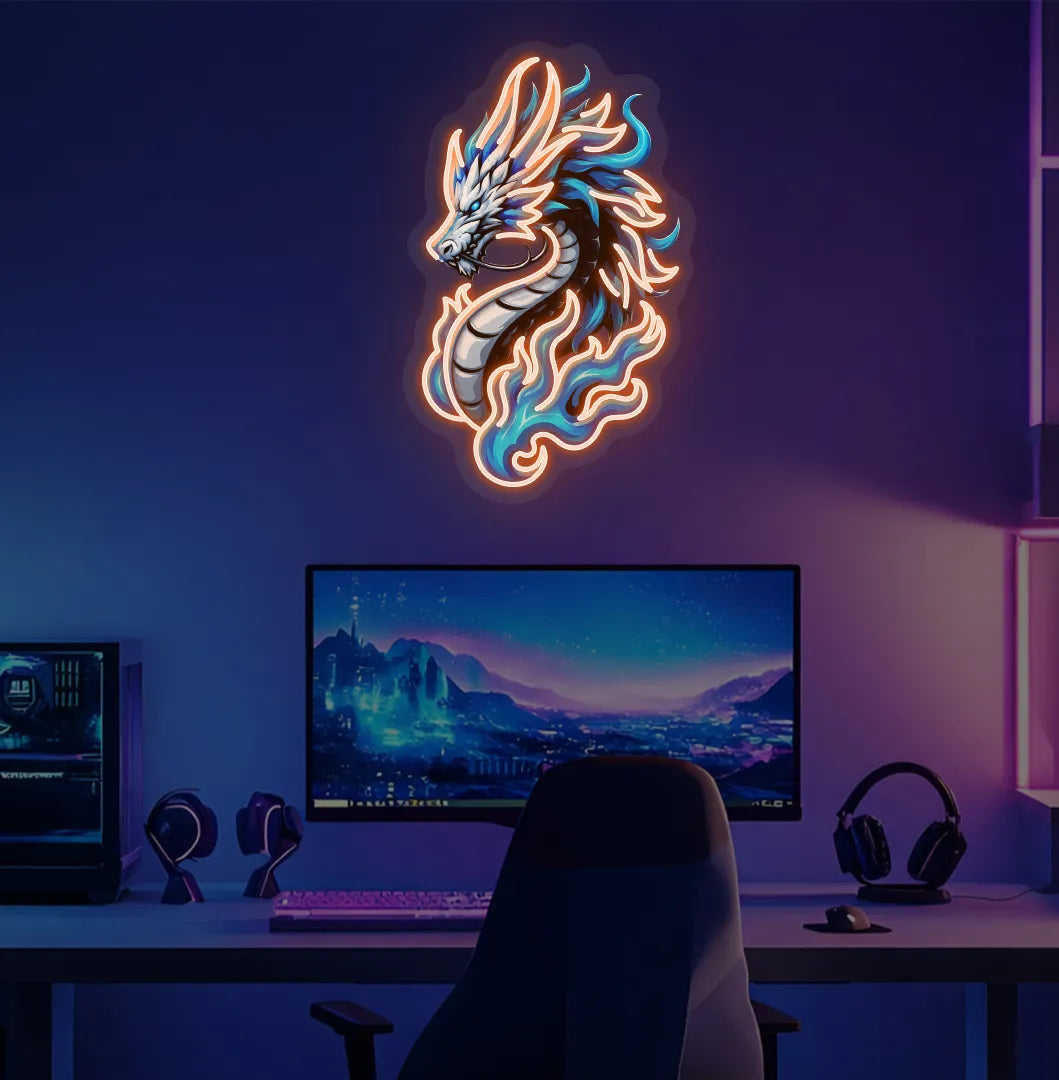 Image of a bright orange Dragon neon sign for fantasy room decoration.