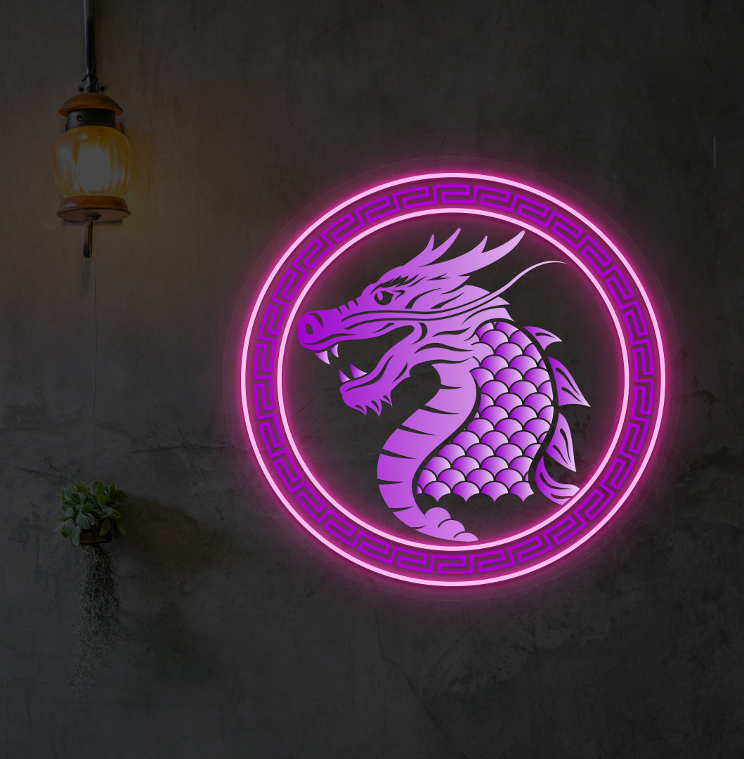 A dragon neon sign in UV printing with a pink LED mounted on an aesthetic wall.