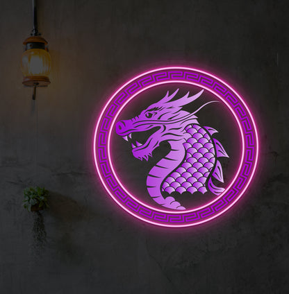 A dragon neon sign in UV printing with a pink LED mounted on an aesthetic wall.