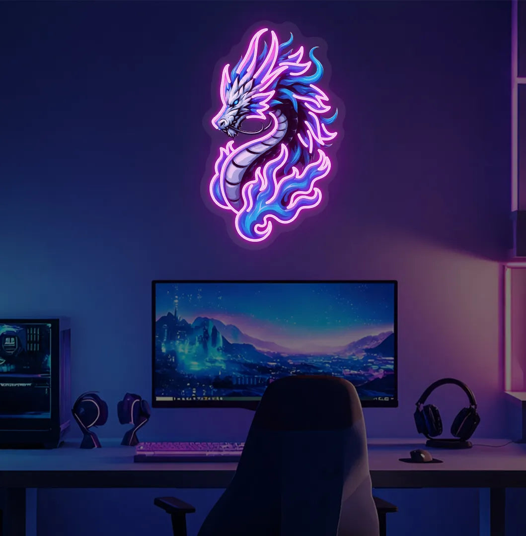 Mythical Dragon blue neon sign mounted on modern bedroom wall in pink color.