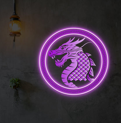 Fantasy dragon neon artwork glowing purple on wall.
