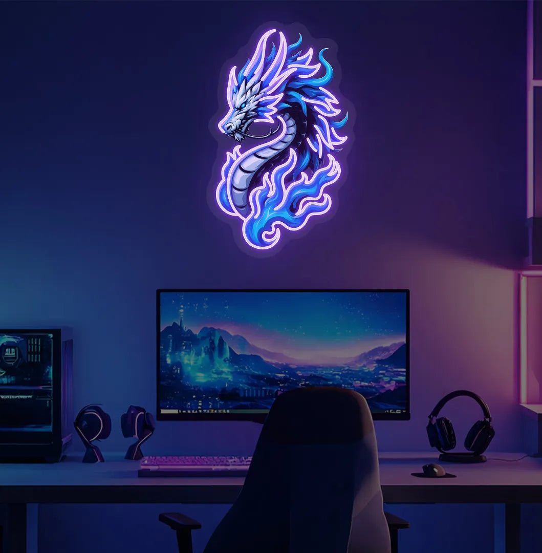 Image of a bright purple Dragon neon sign for fantasy room decoration.