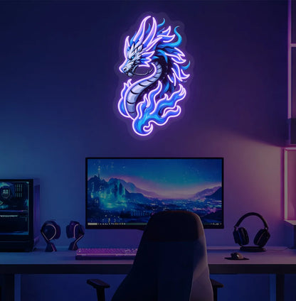 Image of a bright purple Dragon neon sign for fantasy room decoration.