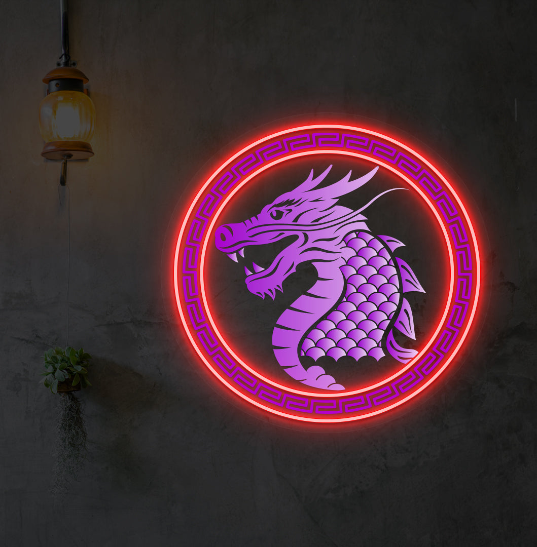 A dragon neon sign in UV printing with a red LED mounted on an aesthetic wall.