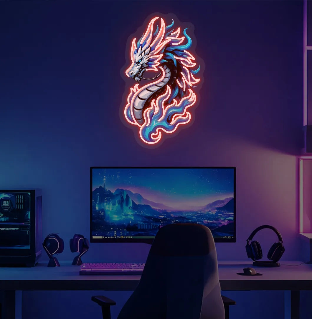 Mythical Dragon blue neon sign mounted on modern bedroom wall in red color.