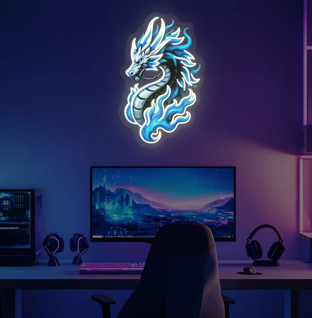 Image of a bright warm white Dragon neon sign for fantasy room decoration.