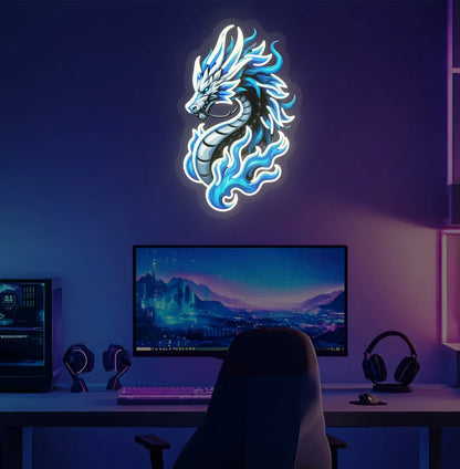Image of a bright warm white Dragon neon sign for fantasy room decoration.
