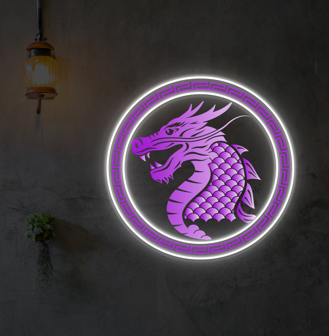 A dragon neon sign in UV printing with a white LED mounted on an aesthetic wall.