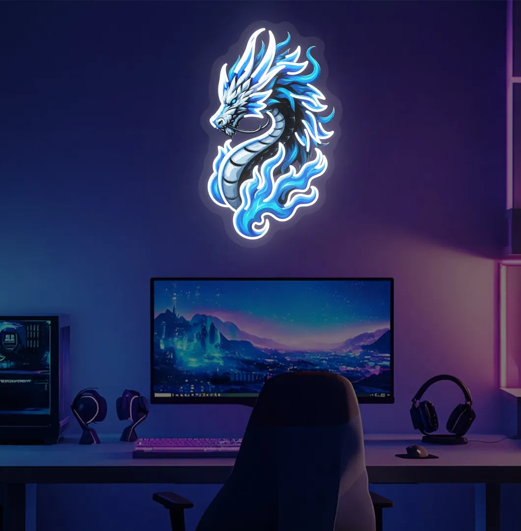 Mythical Dragon blue neon sign mounted on modern bedroom wall in white color.
