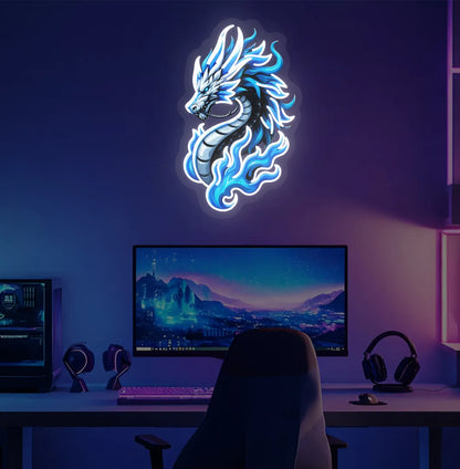 Mythical Dragon blue neon sign mounted on modern bedroom wall in white color.