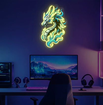 Image of a bright yellow Dragon neon sign for fantasy room decoration.