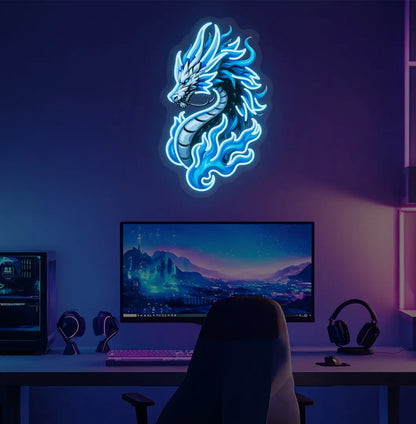 Mythical Dragon blue neon sign mounted on modern bedroom wall in ice blue color.