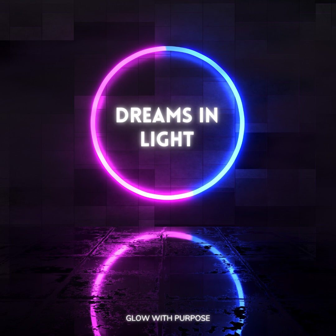 Image of a dream glow neon sign in blue, pink, and white colors hanging on a wall.