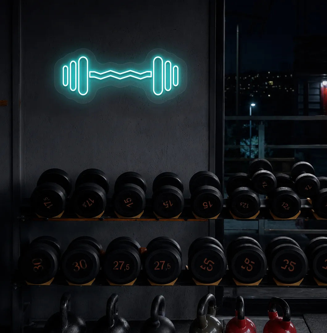 Image of an aesthetic gym wall with dumbbell neon sign glowing ice blue.