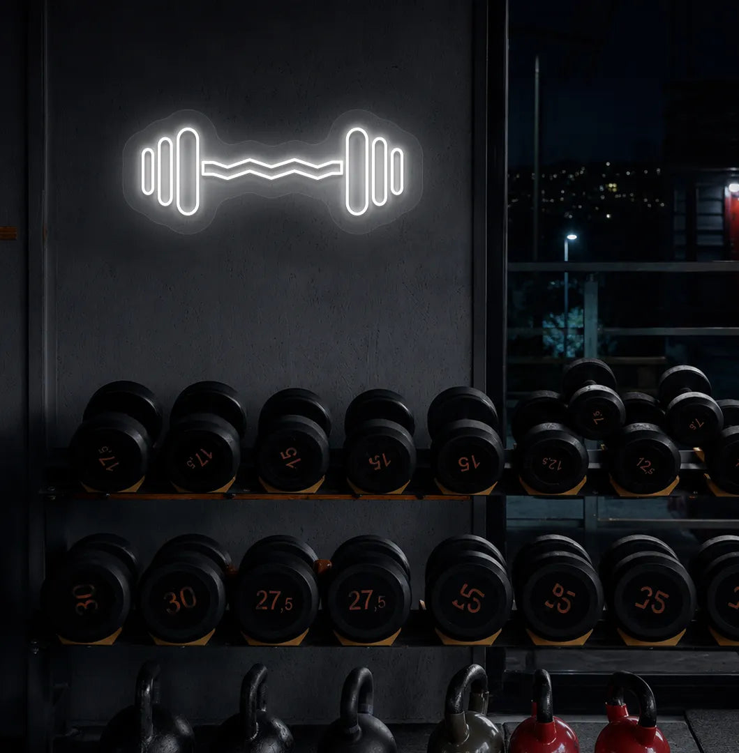 Image of an aesthetic gym wall with dumbbell neon sign glowing white.