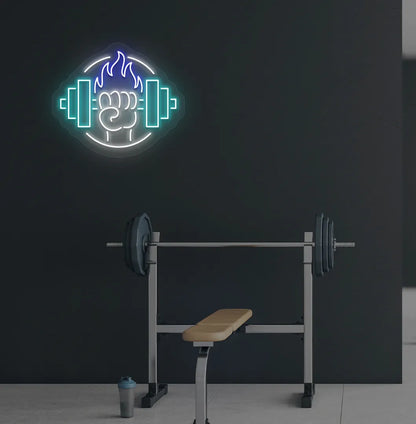 Image of a "Dumbbell in hand" neon sign in blue color mounted on gym wall.