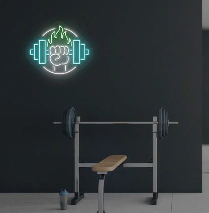 Green dumbbell in hand LED neon sign for workout room wall setup.