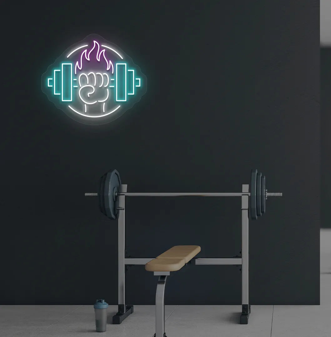 Purple dumbbell in hand LED neon sign for workout room wall setup.