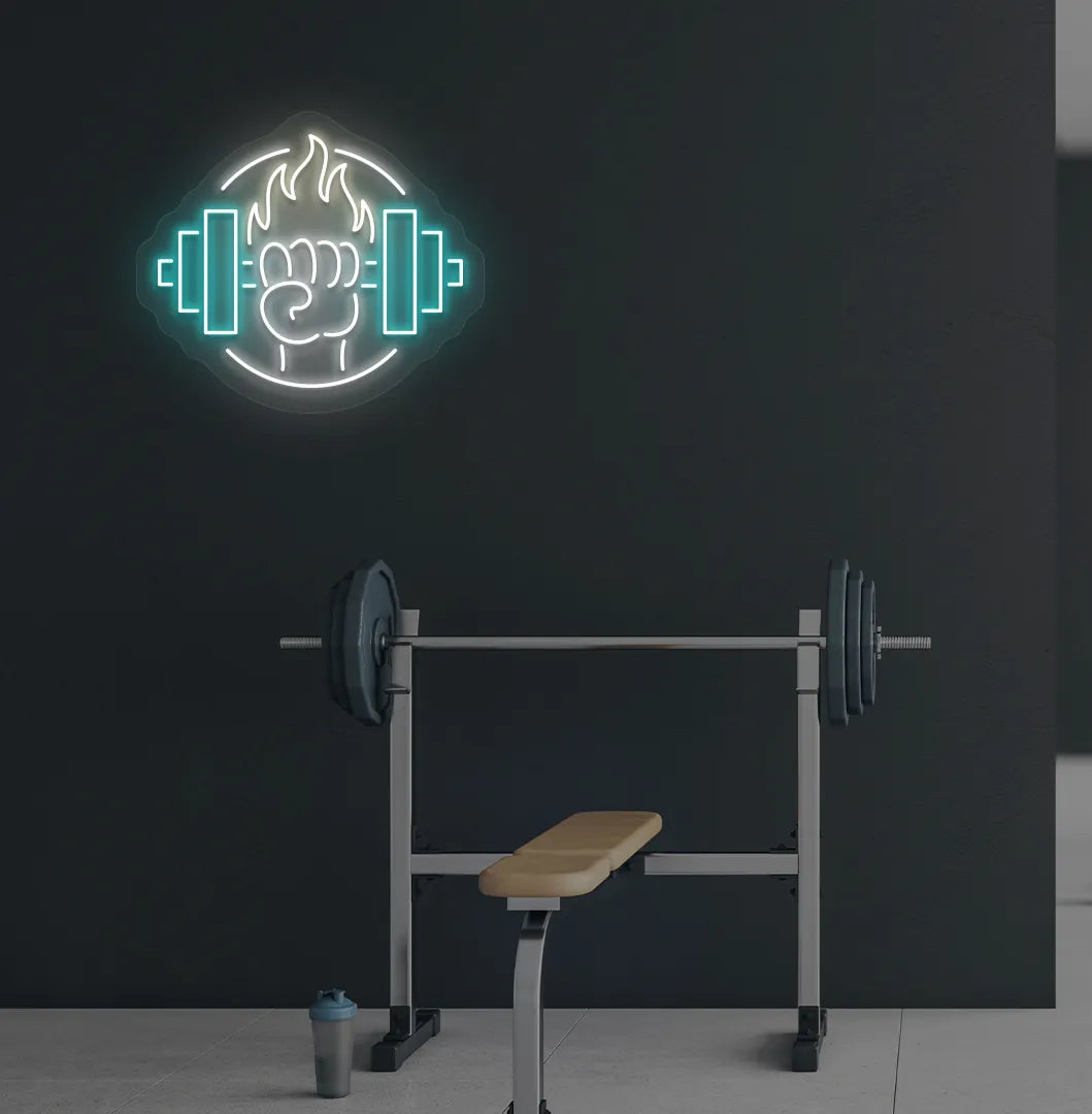 Warm white dumbbell in hand LED neon sign for workout room wall setup.