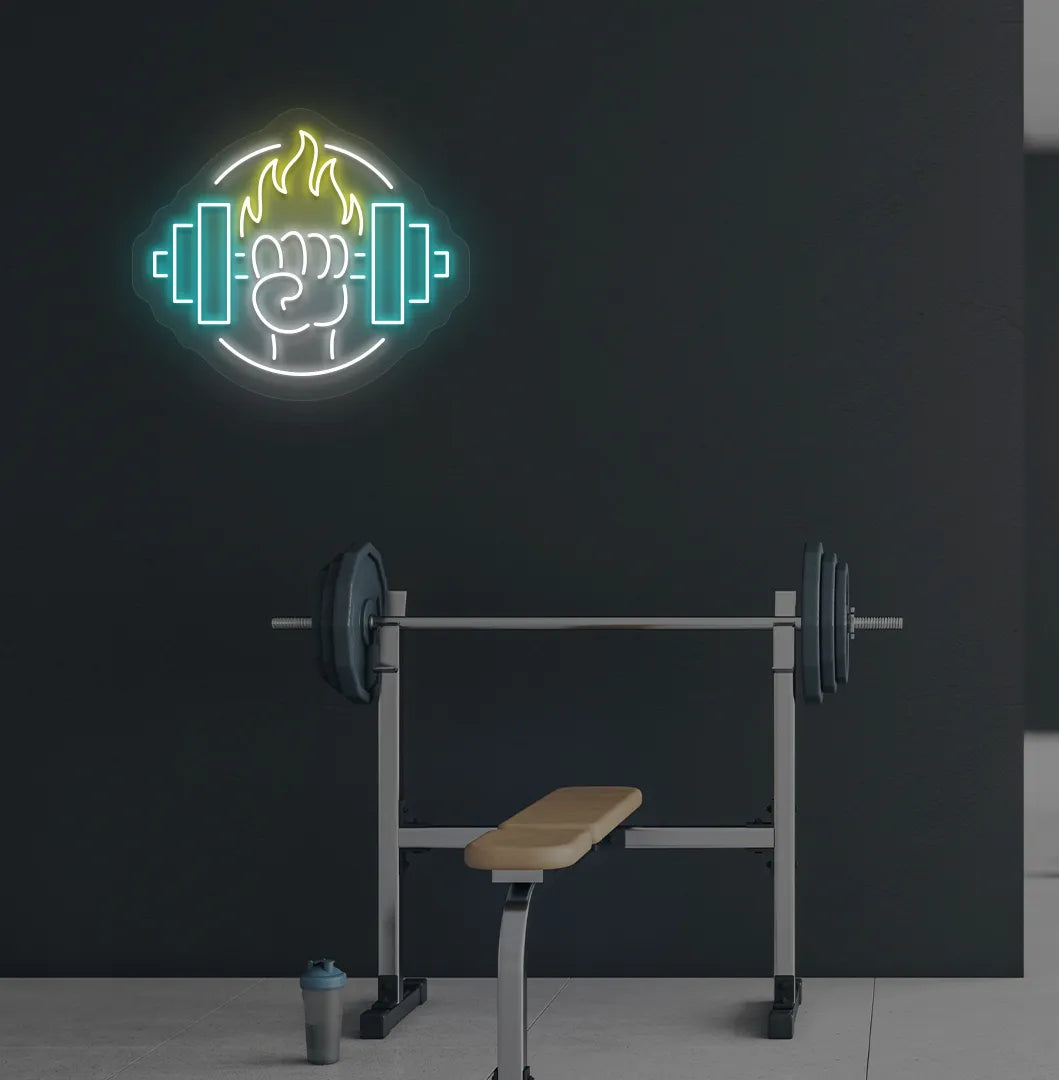 Yellow dumbbell in hand LED neon sign for workout room wall setup.