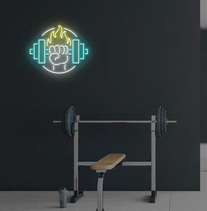 Yellow dumbbell in hand LED neon sign for workout room wall setup.
