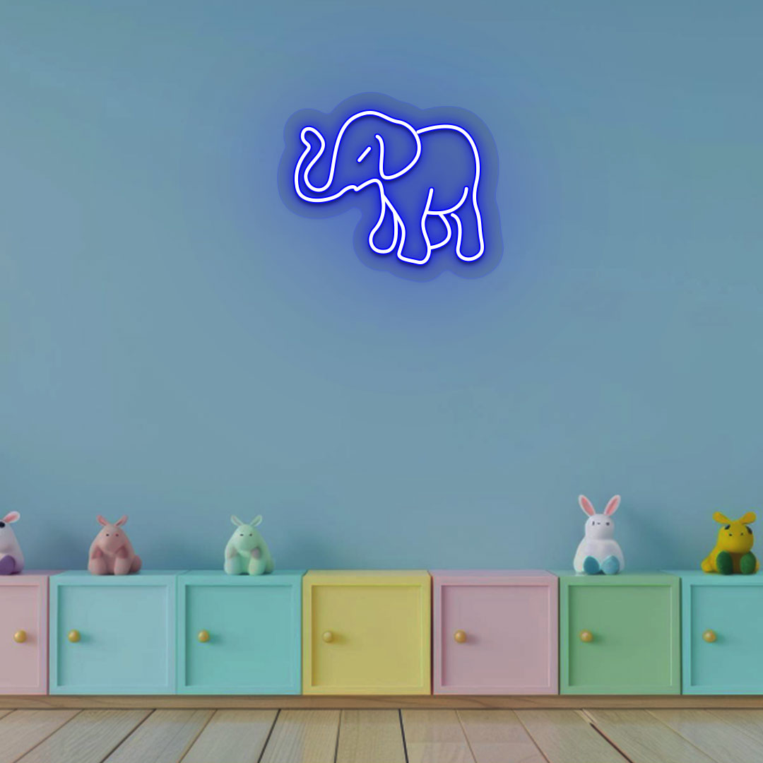 An elephant blue LED neon sign glowing on kids' room wall decor.