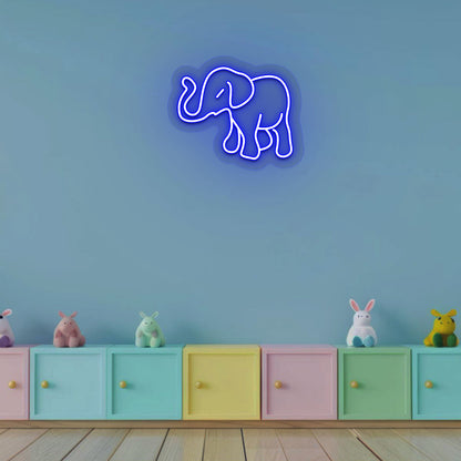 An elephant blue LED neon sign glowing on kids' room wall decor.