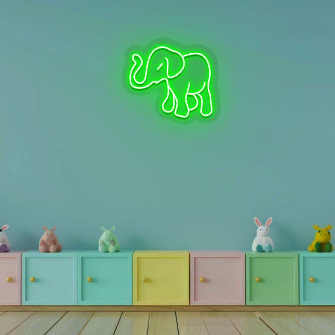 Image of a cute elephant neon sign in green color for a kids' bedroom wall.