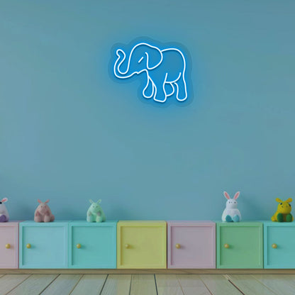 Nursery wall with elephant neon sign in ice blue LED. Perfect for kids’ rooms, playrooms, activity areas, night ambiance lighting, and gifts for children.