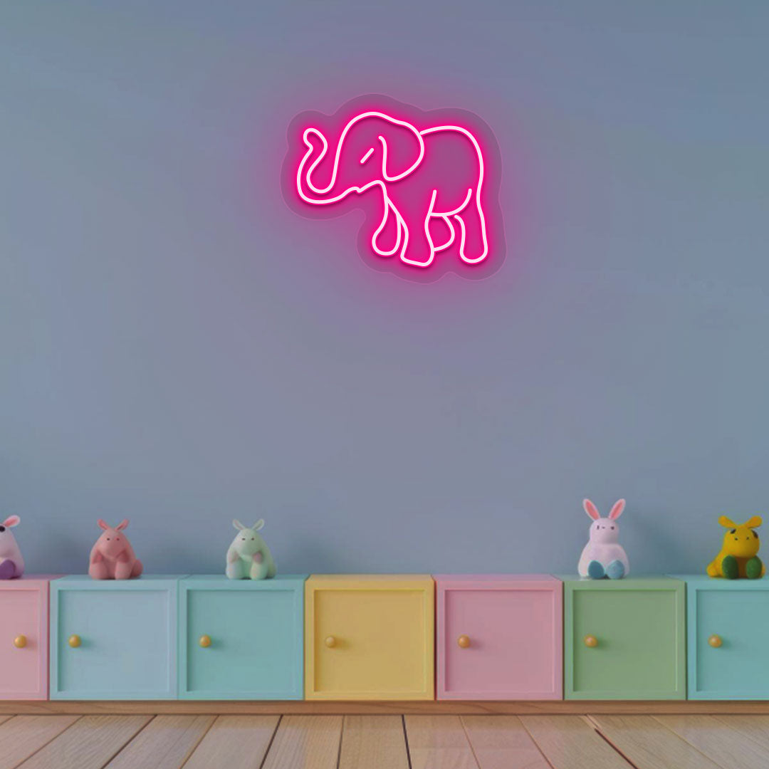 Image of a cute elephant neon sign in pink color for a kids' bedroom wall.