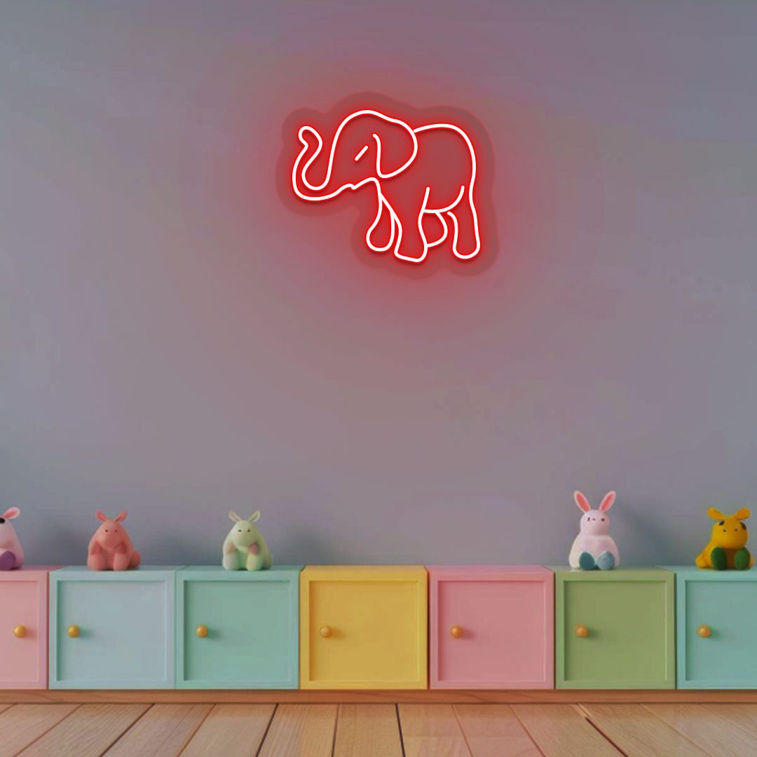 Image of a cute elephant neon sign in red color for a kids' bedroom wall.