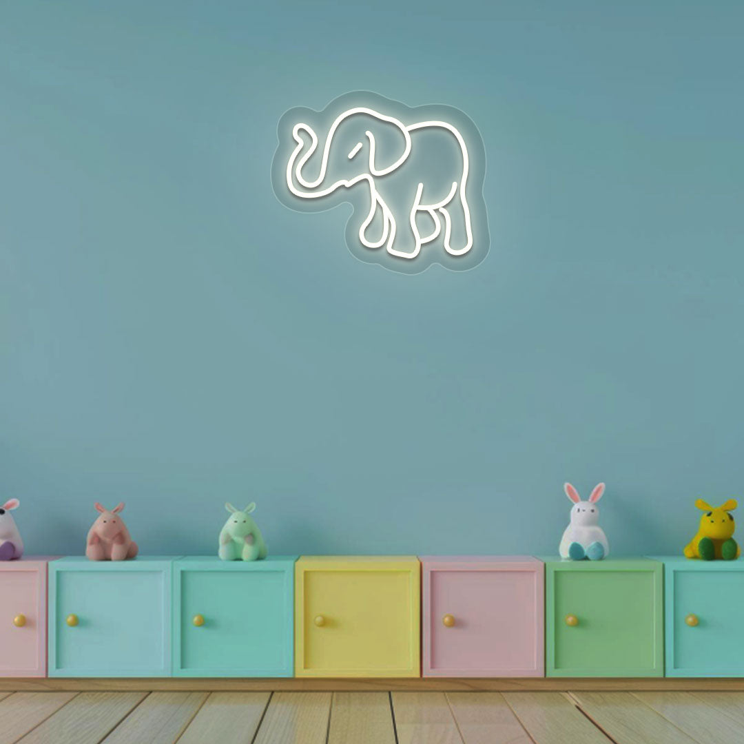 An elephant warm white LED neon sign glowing on kids' room wall decor.