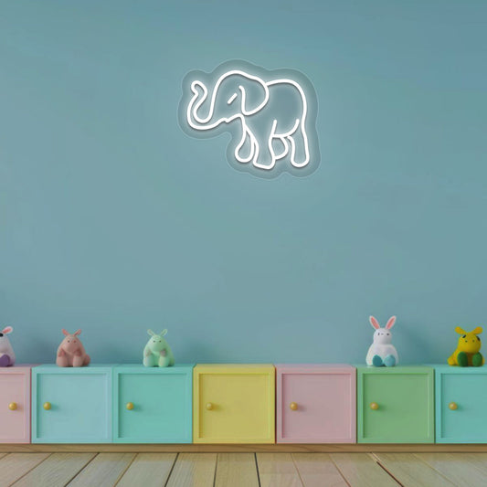 Image of a cute elephant neon sign in white color for a kids' bedroom wall.