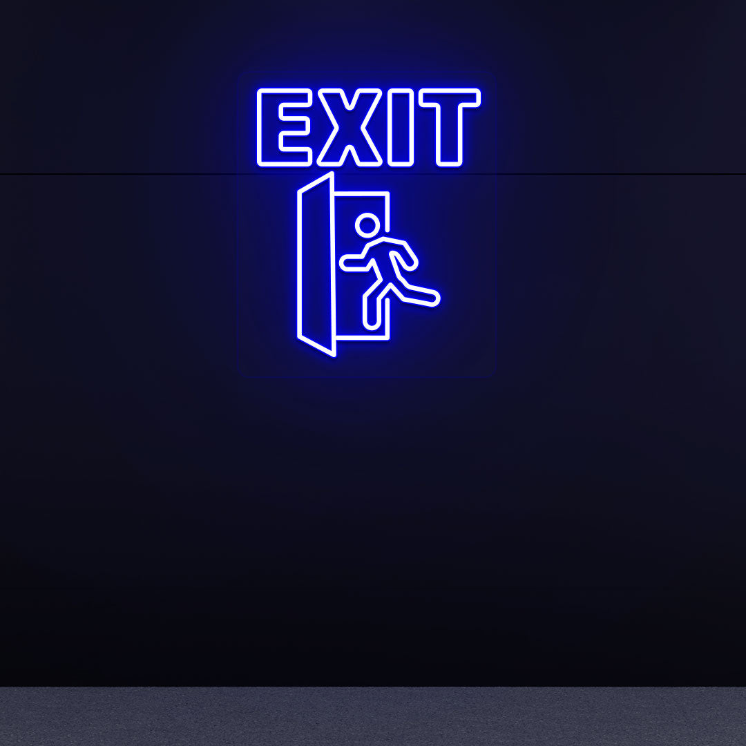 Blue LED exit neon sign with running man and door symbol mounted on dark wall.