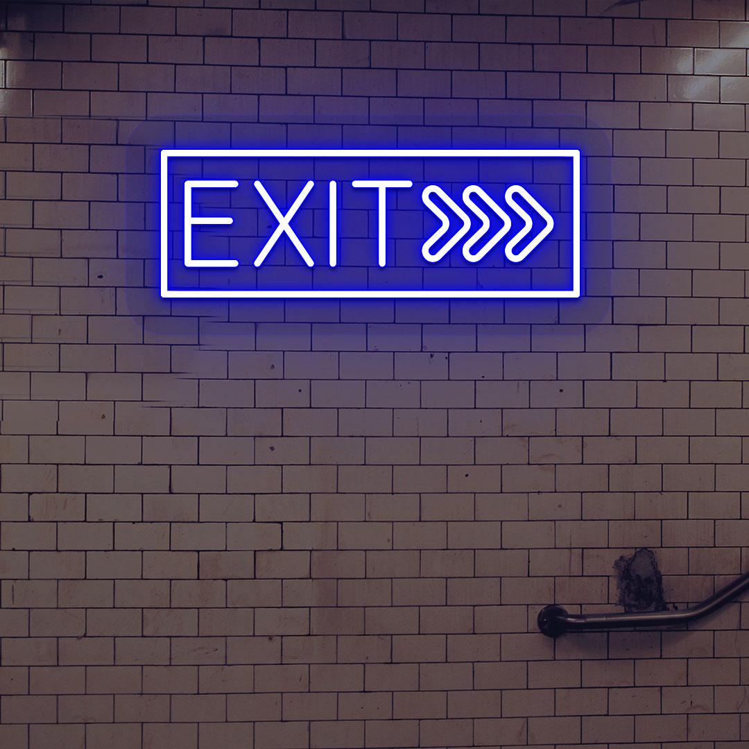 A bright blue exit neon sign mounted on a brick design wall. perfect for cafés, restaurants, event spaces, hallways, and exits.