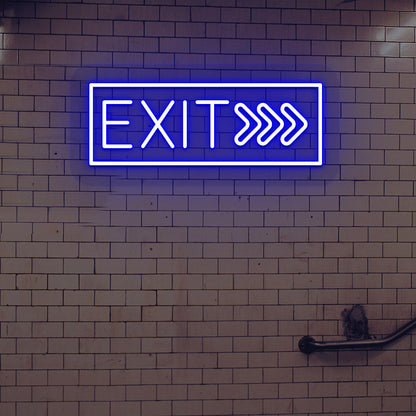 A bright blue exit neon sign mounted on a brick design wall. perfect for cafés, restaurants, event spaces, hallways, and exits.