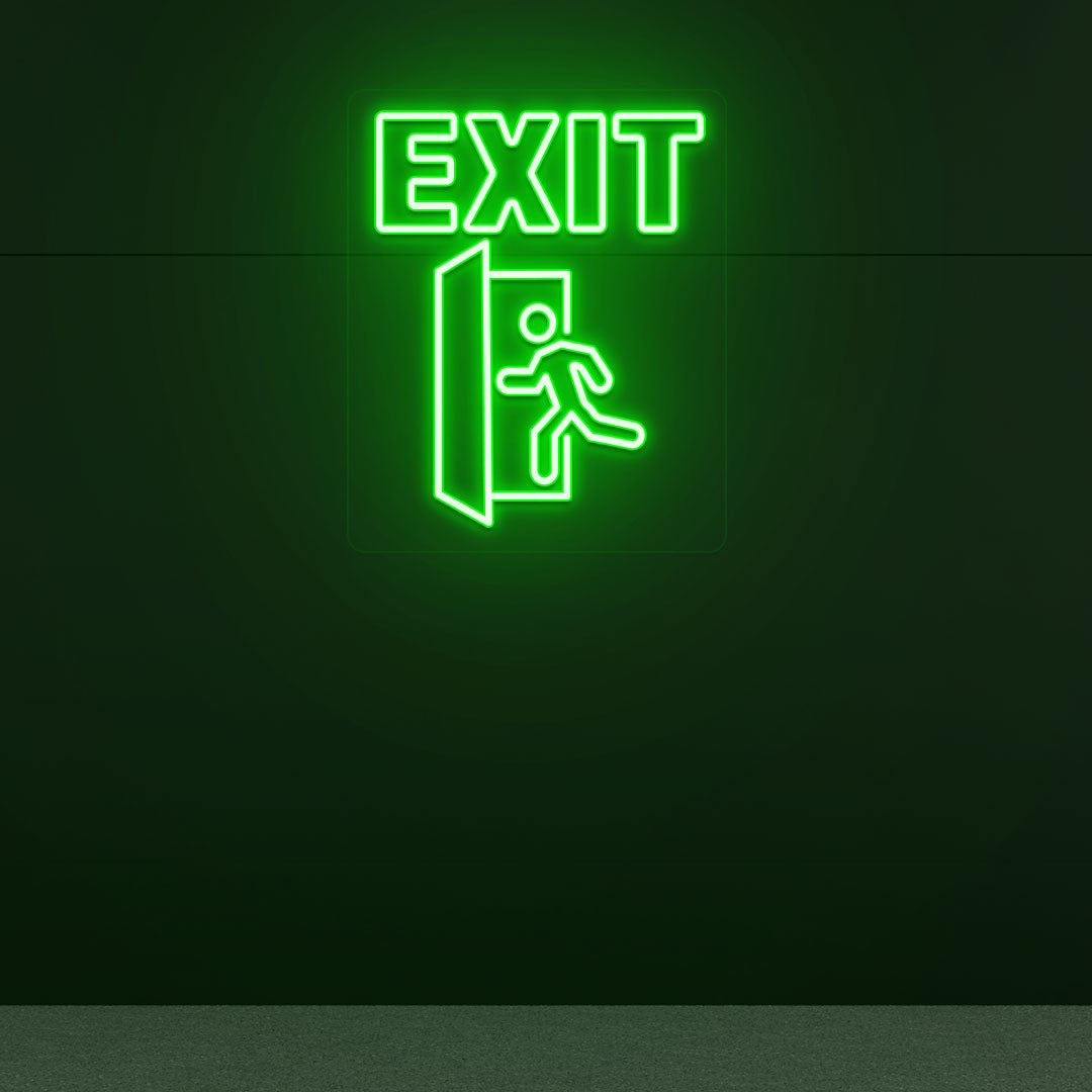 Image of an exit neon sign with a door and people icon glowing on a dark wall in green color.