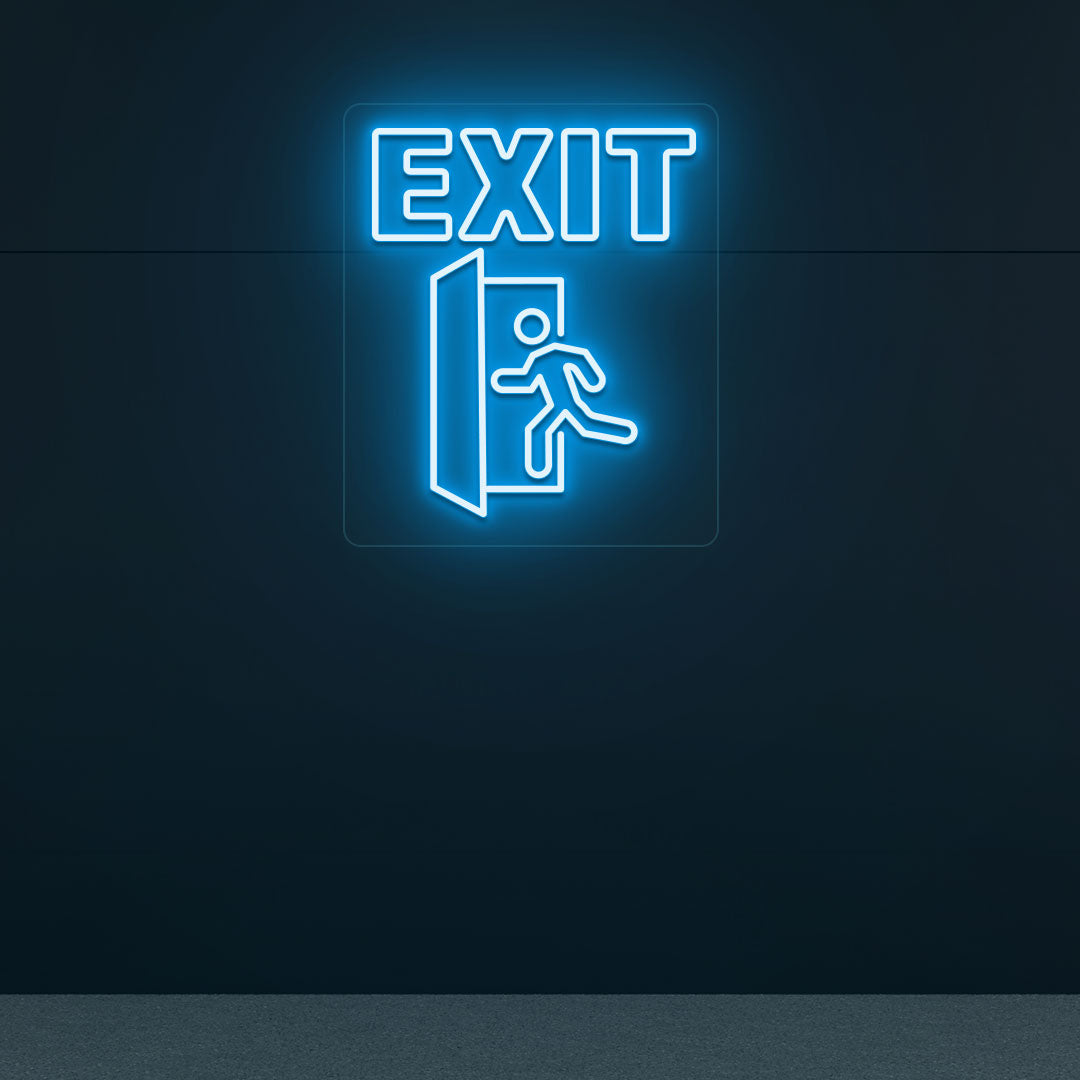 Image of an exit neon sign with a door and people icon glowing on a dark wall in ice blue color.