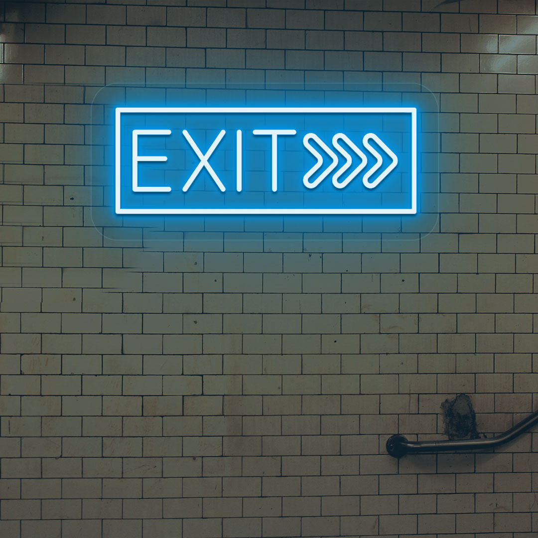 A bright ice blue exit neon sign mounted on a brick design wall. perfect for cafés, restaurants, event spaces, hallways, and exits.