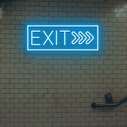 A bright ice blue exit neon sign mounted on a brick design wall. perfect for cafés, restaurants, event spaces, hallways, and exits.