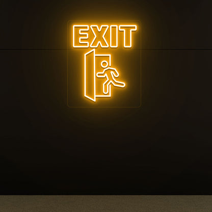 Orange LED exit neon sign with running man and door symbol mounted on dark wall.