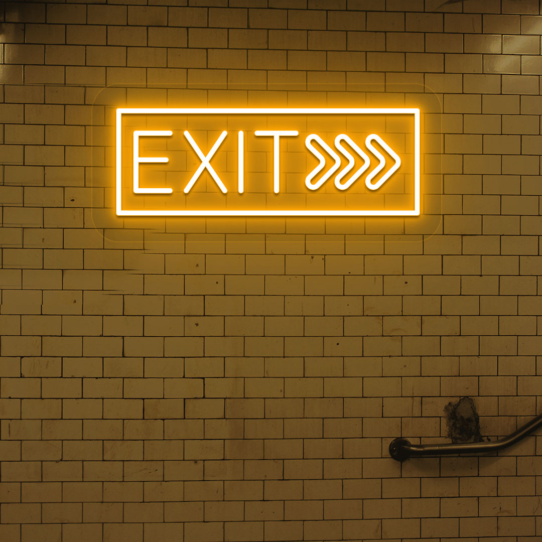 A bright orange exit neon sign mounted on a brick design wall. perfect for cafés, restaurants, event spaces, hallways, and exits.