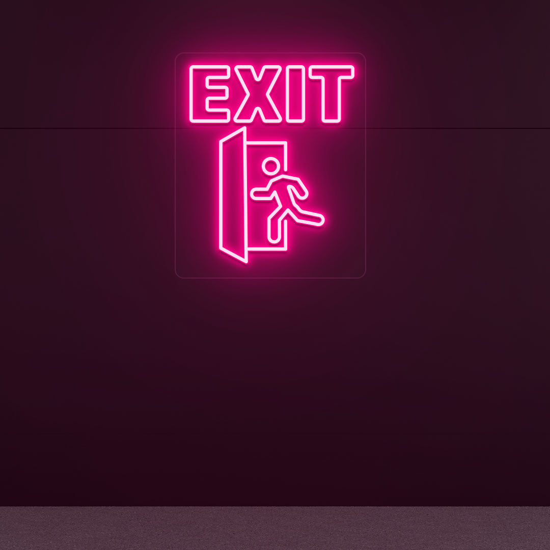 Modern exit pink LED neon sign with door and person symbols on dark wall. For offices, theaters, event venues, hallways, and emergency exits.