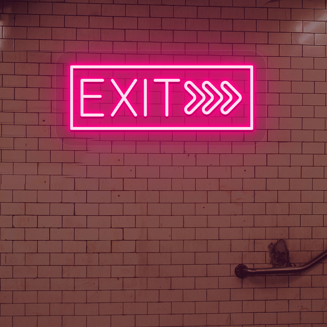 Image of an exit LED neon sign glowing on a brick-patterned wall in pink.