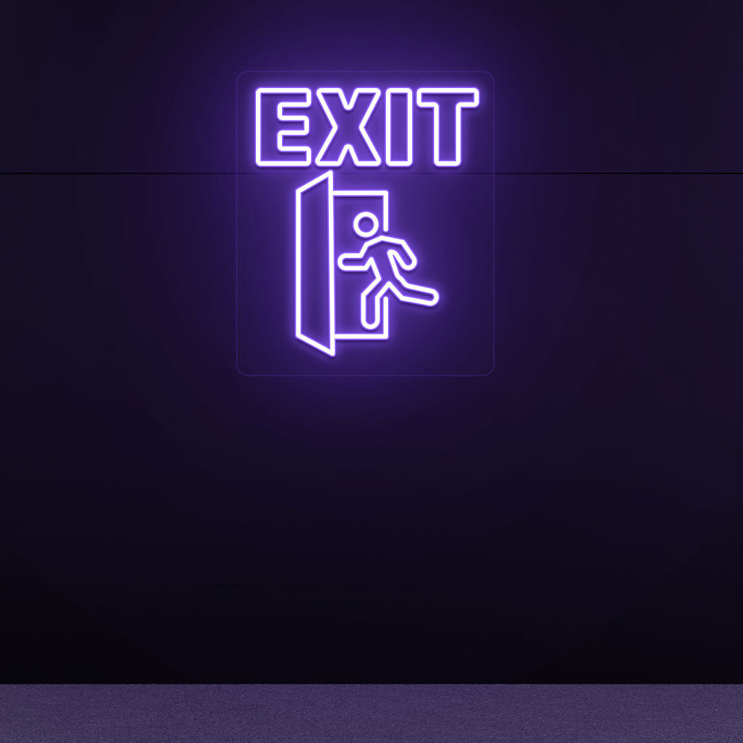 Modern exit purple LED neon sign with door and person symbols on dark wall. For offices, theaters, event venues, hallways, and emergency exits.